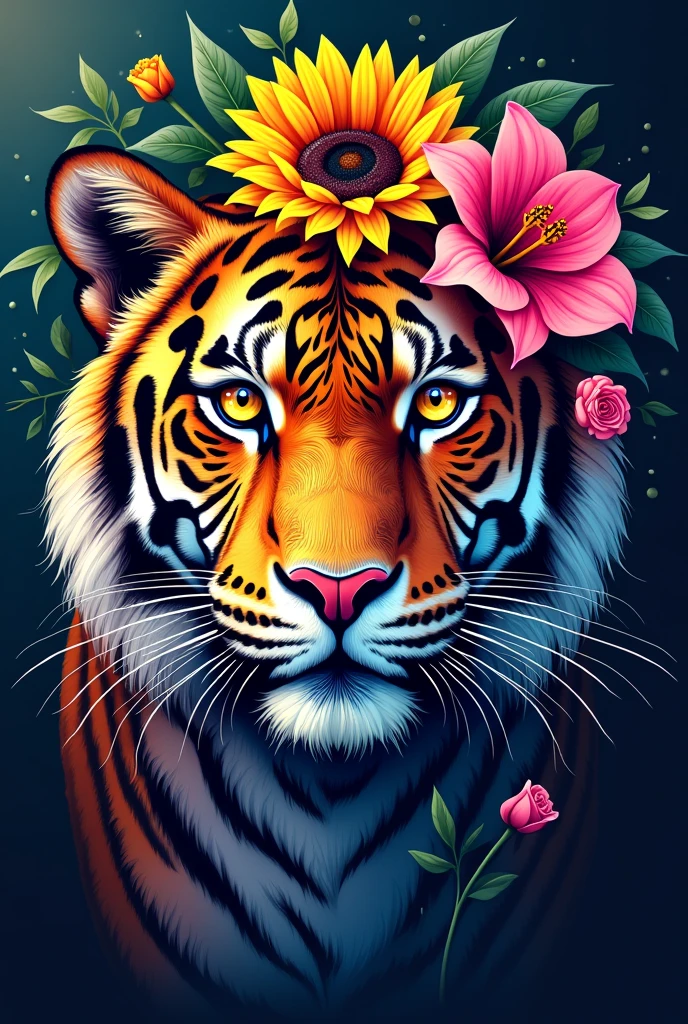 Create a fantastic Amazonian jaguar. A mix of jaguar and tiger,leopard spots on the face, flowers in the head, sunflower, lilies, daisy, roses, color full, rainbow colours,spectacular, vibrant, no signature, no watermark