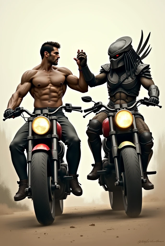  of motorcycles,A muscular Spartan and a helmeted Predator shaking hands in friendship, sitting on their motorcycles 
