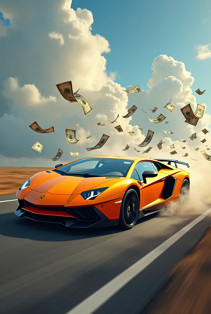 A Lamborghini throwing a lot of money that flies everywhere