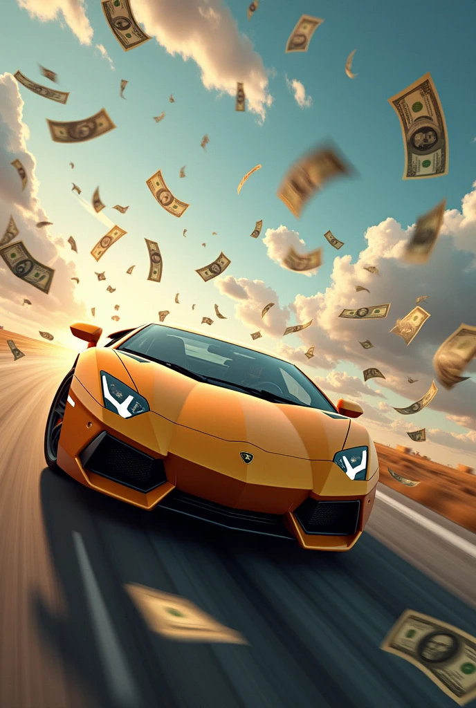 A Lamborghini throwing a lot of money that flies everywhere