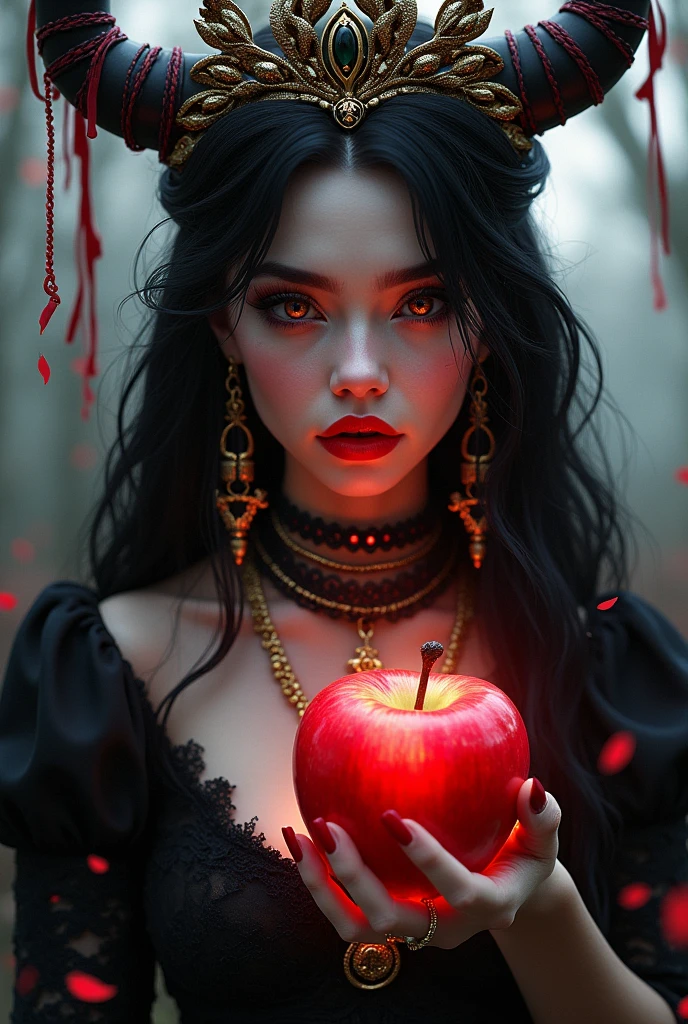 ((RAW Photo), absurd, (absurdresolution)), masterpiece, best quality, (Extremely detailed 8k unity CG wallpaper), (best illustration), (best shadow), Realistic lighting, beautiful detailed glow, ((21 years old)), girl, long black hair, black queen, accessories, apple in hand, poisoned apples, witch queen, red lipstick, (((Photographic Perspective of her)))