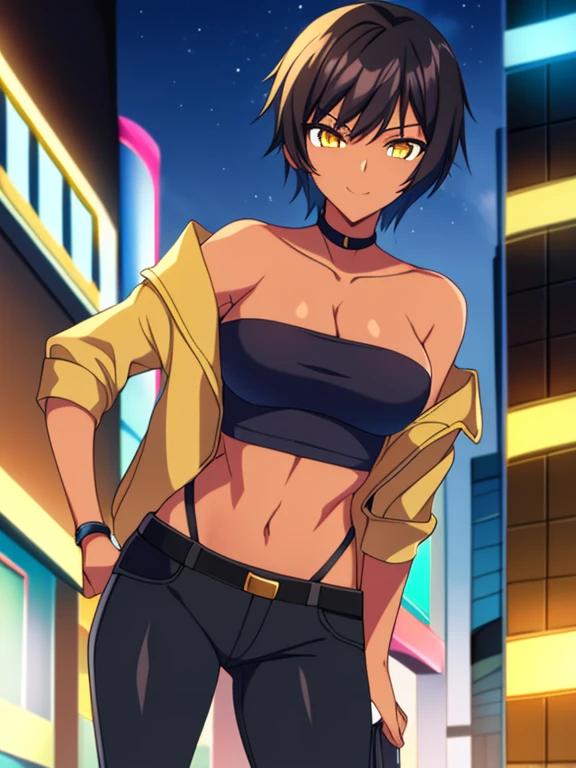  outdoors, Empty City at Night, 1girl, solo, 26 years old, tomboy, Short Black Hair, (tan-bronze skin), yellow eyes, medium breasts, cleavage, (Midriff), (Wearing: opened blue jacket, Strapless black top, Belt, Black Tight Pants:1.2), toned, hourglass figure, athletic, agile physique, snarky expression, looking at viewer, wide smile, (agile physique:1.1), ((masterpiece))