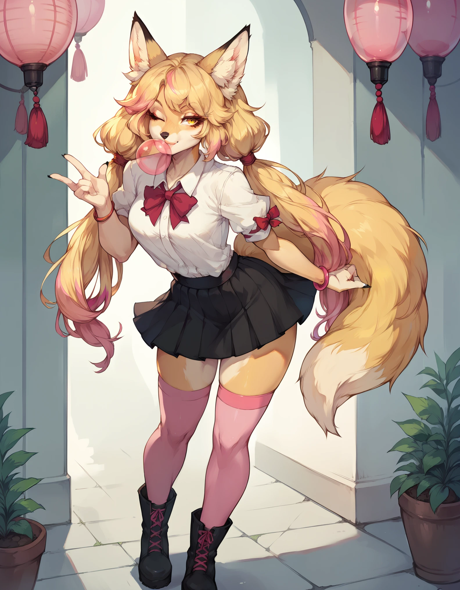 Solo, score_9,score_8_up,score_7_up, Kimiko, Anthro, Anthro furry blonde fox girl, blonde fur, long blonde hair, hair in pigtails, pink highlights in hair, yellow eyes, winking, one eye closed, smiling, fox ears and tail, she is wearing white preppy blouse, black skirt, black pump boots, pink thigh high socks, pink bracelets, lips puckered, blowing a bubble with bubblegum, bubblegum bubble in mouth, playful sexy pose, standing, hands to her side, 