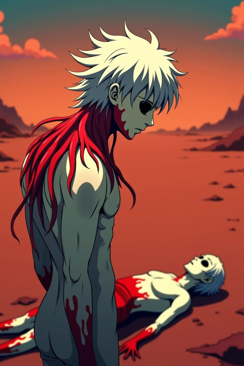 a man completely consumed by crimson roots of white hair with only one empty black eye looking at a corpse in an anime-style reddish desert planet setting