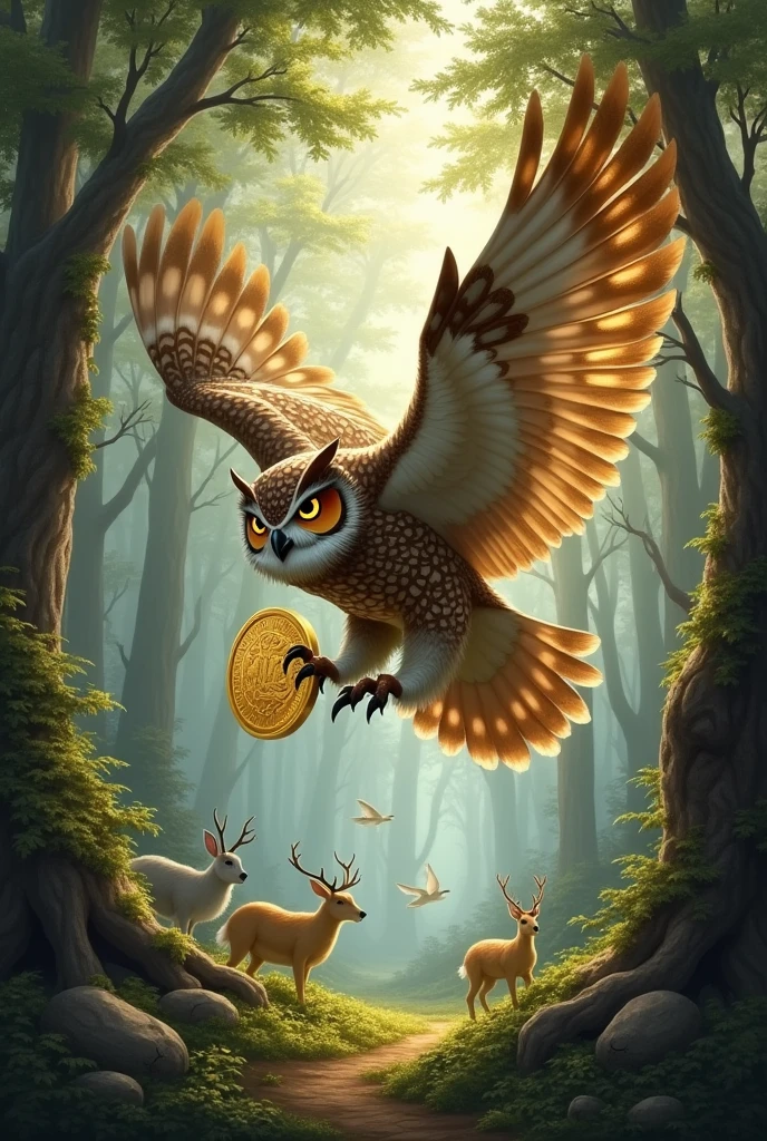 The Owl Delivering the Coin

"A wise old owl flying through the forest carrying a golden coin in its talons, with trees and forest animals in the background."