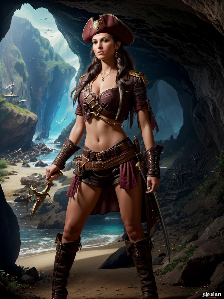 best quality, 8k, very delicate and beautiful, highly detailed face and skin texture, shiny skin, high resolution, beautiful female pirate captain stand in front of a cave, full body, sharp focus