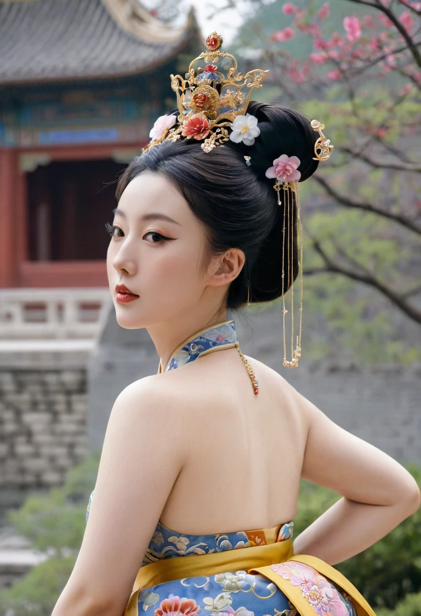 
The image of a Qing Dynasty Empress with her bare buttocks visible. The background is the stone paving outside a Chinese palace during the Qing Dynasty. Only her large buttocks are sticking out. She is either wearing underwear or not. Her protruding buttocks are floating up in the air.　　　　　　　　　　　　　　　　　　　　　　　　　　　　　　
Her hair is decorated with a large flower ornament and a large crown.　
The back of the hair is tied up and up.　Erotic Woman