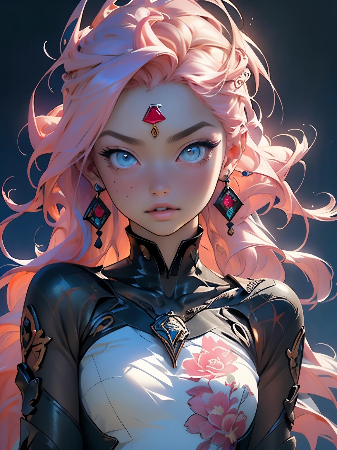 ((best quality)), ((masterpiece)), (detailed), 16 year old Asian teen, Sapphire Eyes, Long Peach hair with thick waves, fluid dynamics, small breasts, slim hips, slender thighs, brilliant golden halo, creative, tangled, get caught in, High_Lips, (fractal art:1.1), (aquamarine), (pink hair), (orange hair), highest detailed, (zentangle:1.2), (dynamic pose), (abstract background:1.3), (earrings:1.4), (flower:1.3), (ruby color dress), (dress decorated with roses), (Shiny white skin), tiffany blue, feather, rose, (ruby red dress), (better delicate eyes), (model body), ((close-up face)), happiness, (bright blue eyes), starry, Blue eyes, Ultra-realistic and vivid textures, hard curly, Lovely. k, award winning illustration, realistic light, ultra-detailed, high quality concept art, Chinese traditional ink painting, realistic light, ultra-detailed, high quality concept art, inspired by Daiqing Tana and Haya.