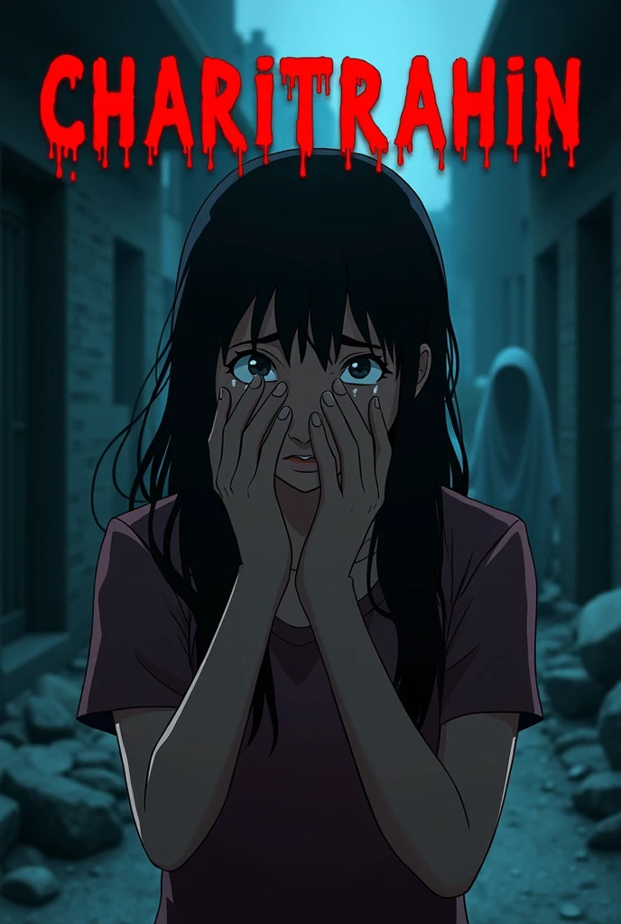 Character: Feature an animated image of a distressed woman with a sorrowful or fearful expression, perhaps with tears in her eyes or a hand covering part of her face to convey shame or fear.
Background: A dark, ominous setting, such as a shadowy alley or a dimly lit room, to enhance the horror atmosphere.
Text: The title "Charitrahin" in bold, blood-red letters with a jagged or dripping effect to emphasize the horror theme.
Additional Details: Consider adding faint ghostly figures or unsettling symbols in the background to hint at the supernatural or eerie aspects of the story.