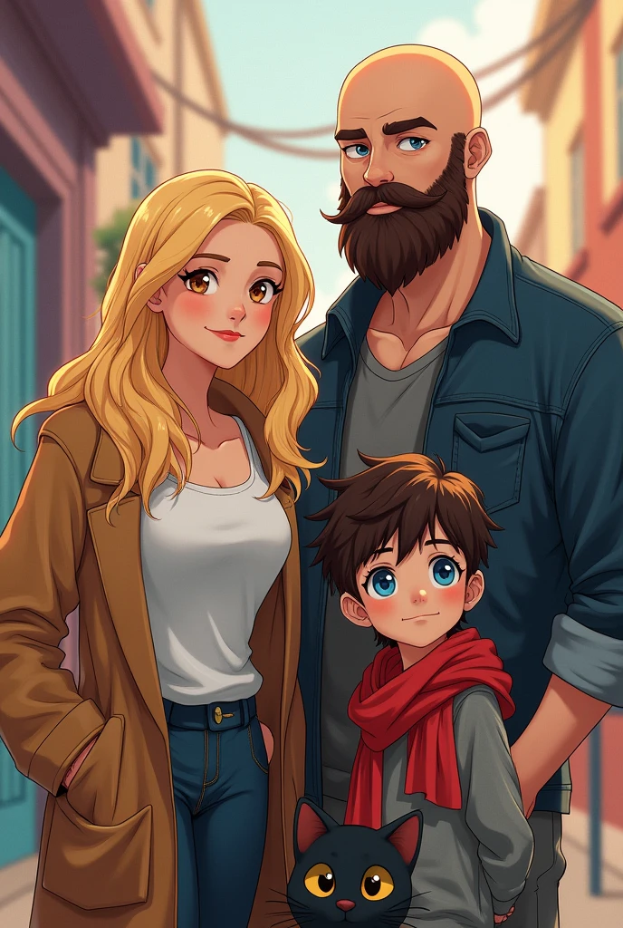 Fat woman anime, blonde, brown-eyed, next to a tall man, bearded and bald and a teenager with dark brown hair and blue eyes and a dark colored cat.