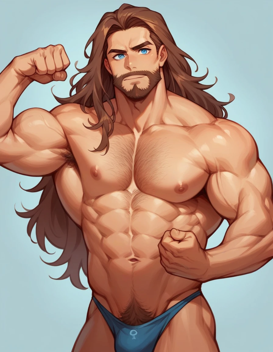 A very muscular, brown-haired, long, flowing hair, blue eyes, goatee, hairy chest, shirtless and in ya ga flexing his biceps and who is really attractive and wearing a thong
