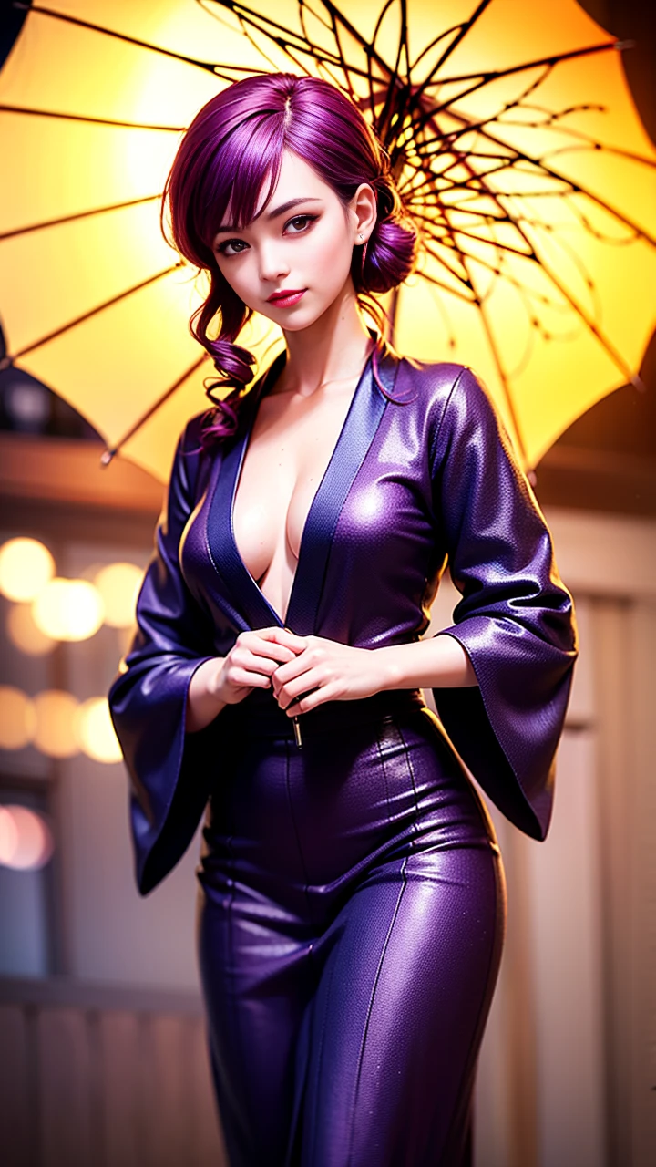 girl with purple hair holding a umbrella, red lips glossy, 8k, ultra hd, ultra detailed texture, hyper realistic, masterpiece, detailed texture, detailed face, detailed skin, detailed lighting, (photorealistic:1.5), best quality, beautiful lighting, cinematic lighting, professional lighting, ultra highres, realistic, detailed hair, real hair, high quality, (realskin:1.5), extremely detailed, finely detail, ultra-detailed, smile, kimono outfit, yellow eyes.