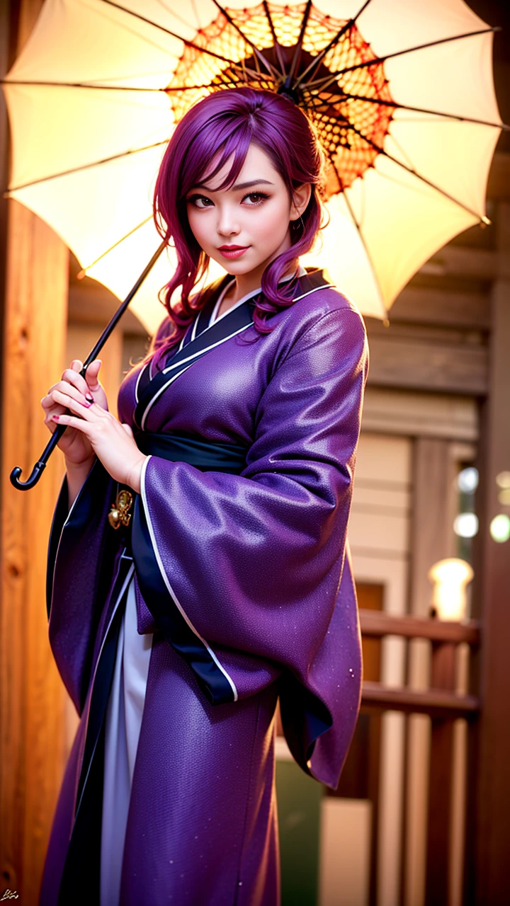 girl with purple hair holding a umbrella, red lips glossy, 8k, ultra hd, ultra detailed texture, hyper realistic, masterpiece, detailed texture, detailed face, detailed skin, detailed lighting, (photorealistic:1.5), best quality, beautiful lighting, cinematic lighting, professional lighting, ultra highres, realistic, detailed hair, real hair, high quality, (realskin:1.5), extremely detailed, finely detail, ultra-detailed, smile, kimono outfit, yellow eyes.