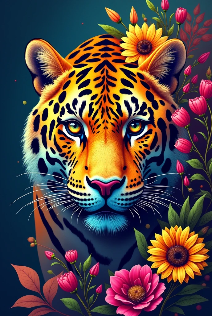 Create a fantastic Amazonian jaguar. A mix of jaguar and tiger,leopard spots on the face, flowers in the head, sunflower, lilies, daisy, roses, color full, rainbow colours,spectacular, vibrant, no signature, no watermark