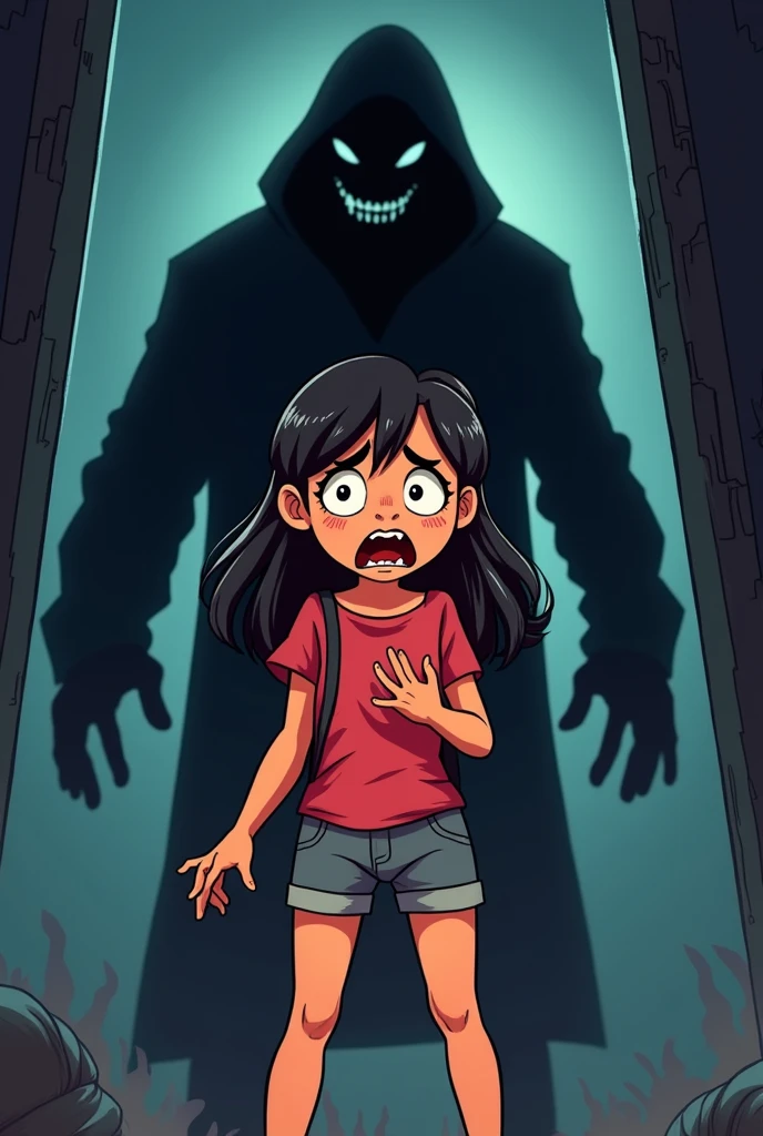A latina girl scared by a bad man standing behind her in cartoon style