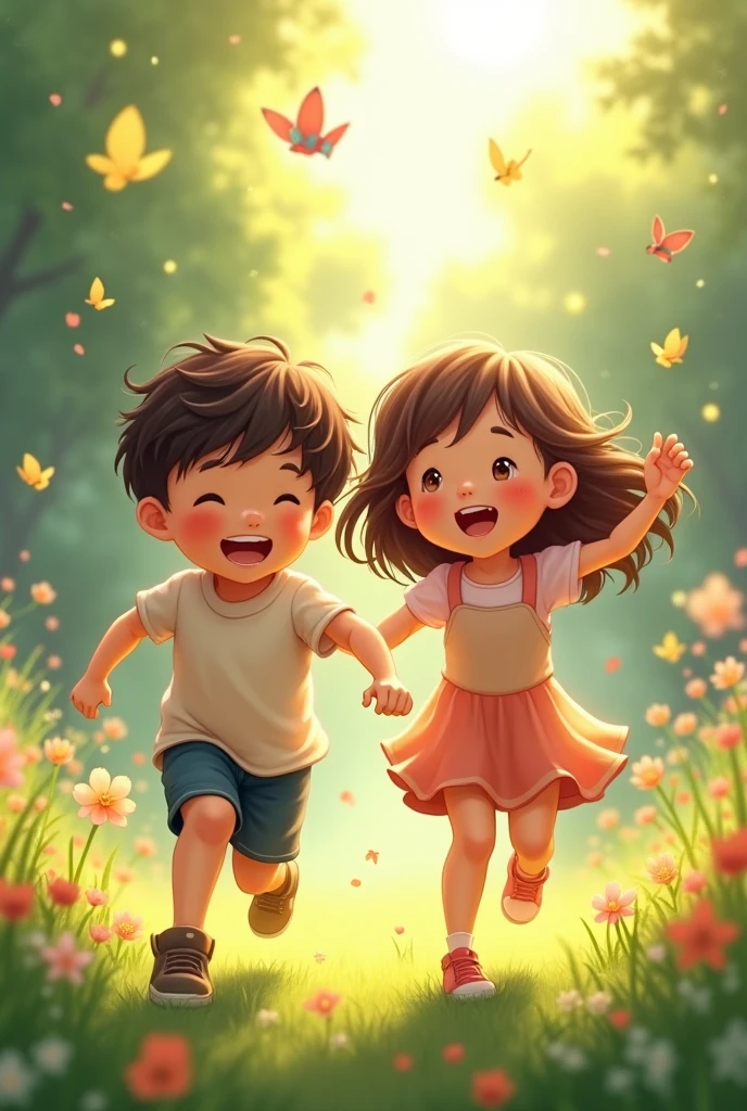 There is a garden, there is a boy and a girl. A boy's height is slightly higher than a girl's. Both are wearing white t-shirts and black jeans. The boy ties a black thread locket in the valley. Umu is written on the boy's t-shirt in Korean letters. Both are laughing. The girl holds the boy's hand. A girl's t-shirt has an ॐ symbol.