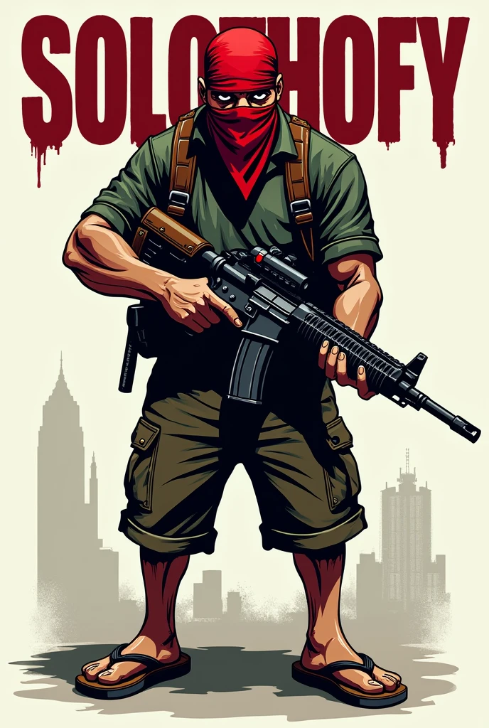 Create a logo with a gang character with his face covered in a bandana style with the name solothofy holding a rifle gun wearing shorts and flip flops