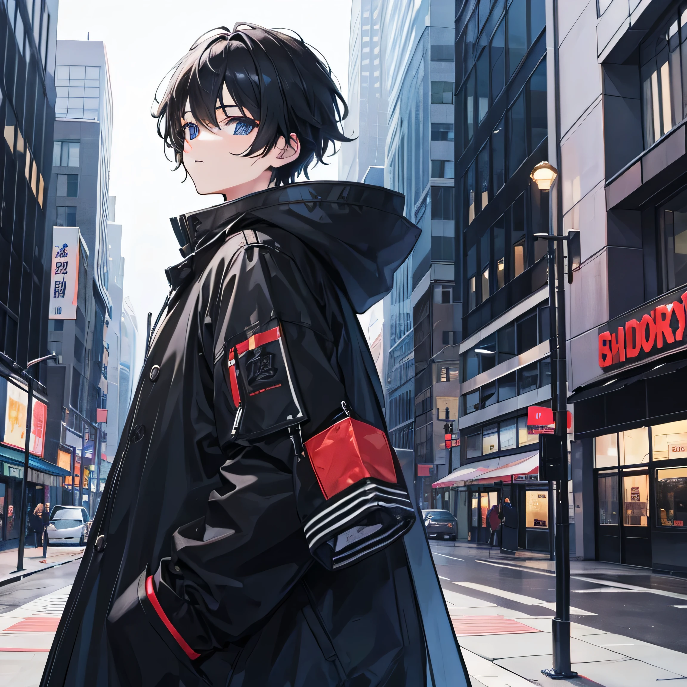 Boys、Black rope、Parka、shortcut、Black hair、Inside the city、