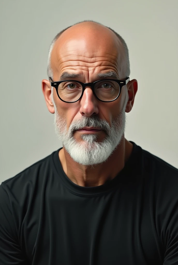 Caucasian man completely bald white beard aquiline nose glasses round thin face black t-shirt 