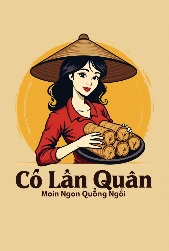 This is a vintage-style logo for a food service called“Cô Lành Quán”. The logo has a woman wearing Việt Nam conical hat holding disk of Corn spring rolls. The slogan will be "Món Ngon Quãng Ngãi" The color is mostly yellow, and the text is bold