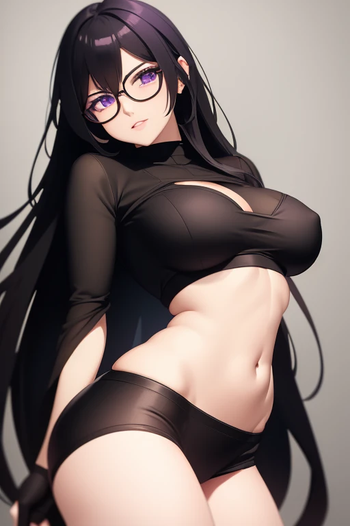 make a character where she has long, straight, black hair that is well detailed, with clear and smooth skin, having very attractive purple eyes, with soft and beautiful lips, having a perfect body, with guitar curves, having very round, voluminous breasts and a very tight, perky butt having a great pair of thighs. Make your clothes look like a gothic egirl, and she has glasses