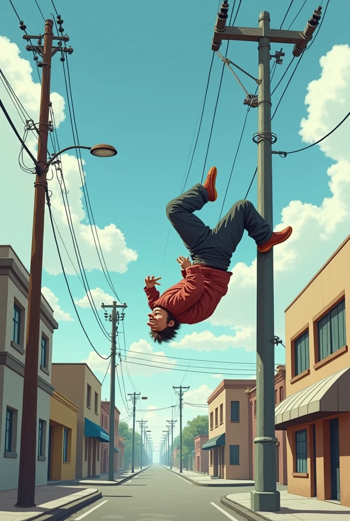 Dad stands doing a somersault and pees on an electric pole.