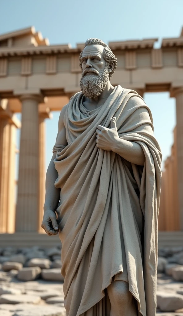 A statue of Greek philosopher in front of world heritage site realistic