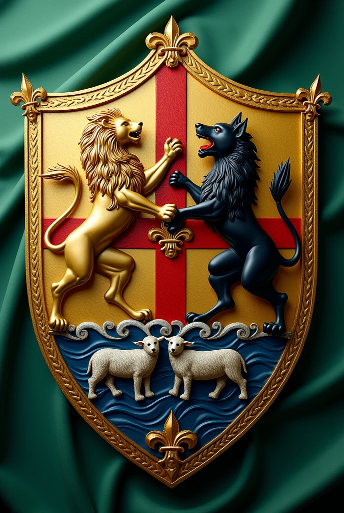 Create a shield for the Bolaños and Chacon families, respecting mythology, with a red Calatrava cross charged with five silver scallops and azure and silver wave tips, rampant lion and the green tablecloth, silver sheep on a field of gold, golden fleur-de-lis and a black wolf of saple