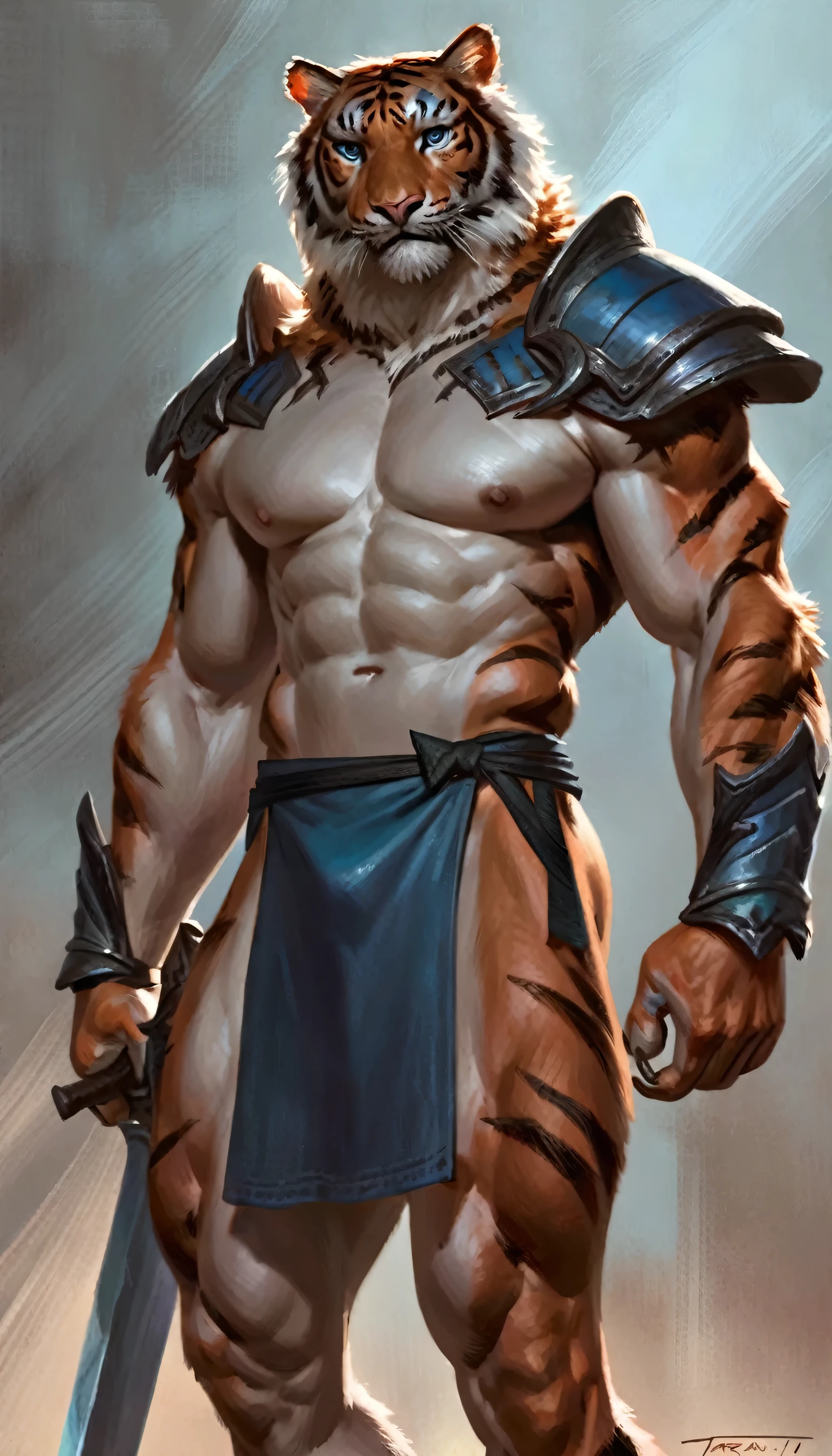 Anthro male tiger knight holding a two-handed greatsword, alone, arrogant expression, masterpiece, Best Art, whole body, by violinist taran, detailed eyes, detailed body, claws, high, top-less, Pecs, ABS, Nipples, shoulder pads, standing, black and blue loincloth