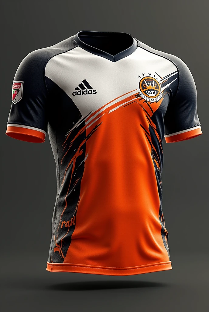 I would like you to create a shirt for a football team that has black and white on the sleeves., but in the chest and back part orange and with details, lines or something similar in white