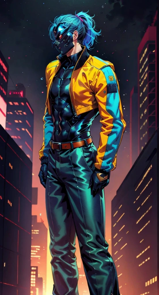 HomelanderComicACC, a man with black hair tied in a ponytail, stands tall and imposing, a futuristic sci-fi style blue short jacket, a dark bodysuit, matching trousers, a belt cinched at the waist, colorful grey gloves, he stands atop a futuristic high-rise, he surveys the city night view, this character embodies a finely crafted futuristic sci-fi, exquisite and mature manga art style, high definition, best quality, highres, ultra-detailed, ultra-fine painting, extremely delicate, professional, perfect body proportions, golden ratio, anatomically correct, symmetrical face, extremely detailed eyes and face, high quality eyes, creativity, RAW photo, UHD, 32k, Natural light, cinematic lighting, masterpiece-anatomy-perfect, masterpiece:1.5