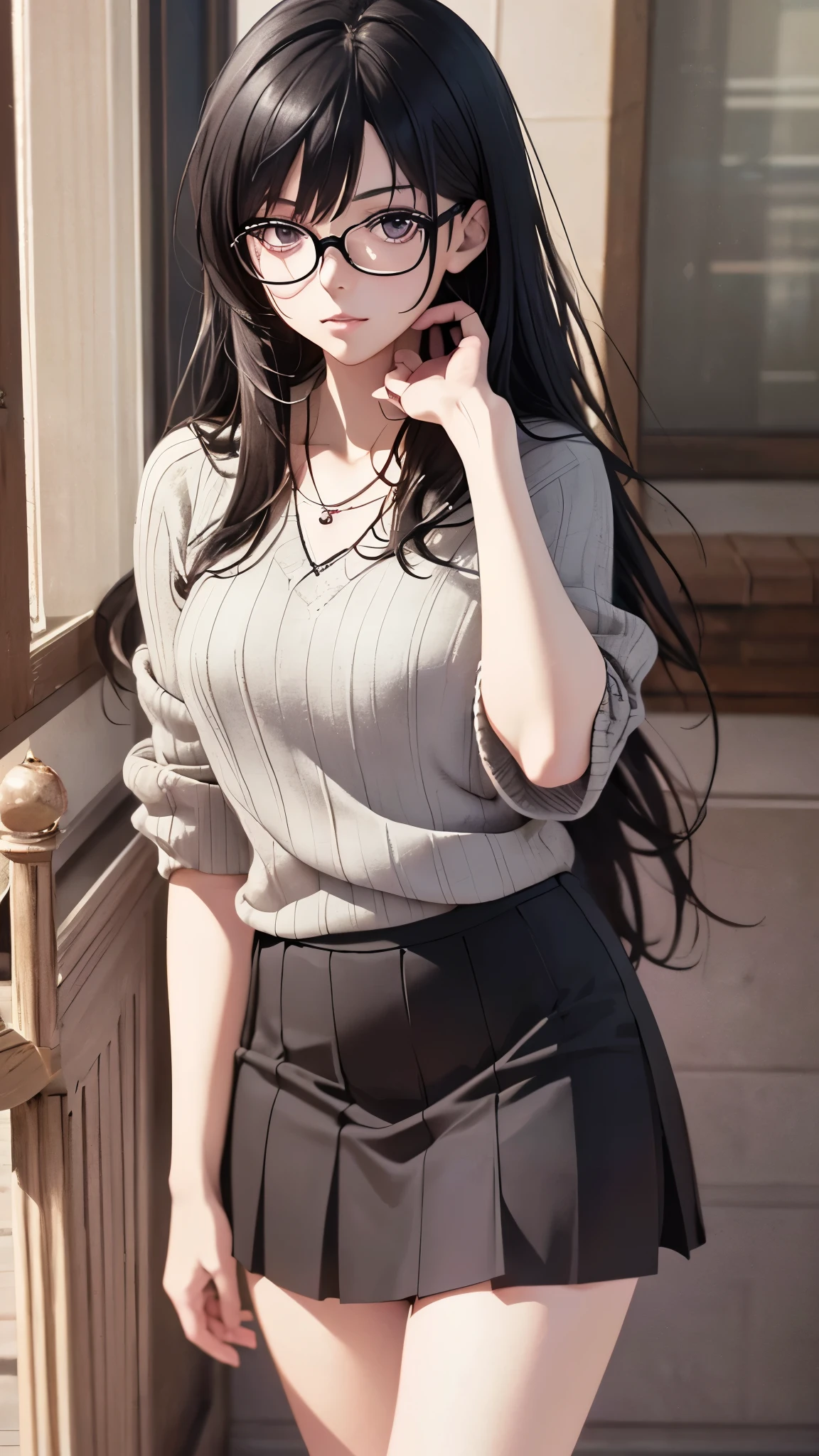 (highest quality,4K,8K,High resolution,table top:1.2), super detailed, (realistic,photorealistic,photo-realistic:1.37),((full body)), Unfortunate,Glasses,((black hair)), ((long hair)),tight-design-sweater,maxi-length-long-skirt,necklace,shoes,beautiful and fine eyes, beautiful detailed lips, highly detailed eyes and face, long eyelashes, realistic anime 3D style, Smooth anime CG art, Digital rendering by Makoto Shinkai, Moe anime art style, photorealistic rendering of an anime girl, Shinkai Makoto style, Cute anime girl visuals, realistic young anime girl, girl fan art, Created by Anime Artist&#39;studio of.