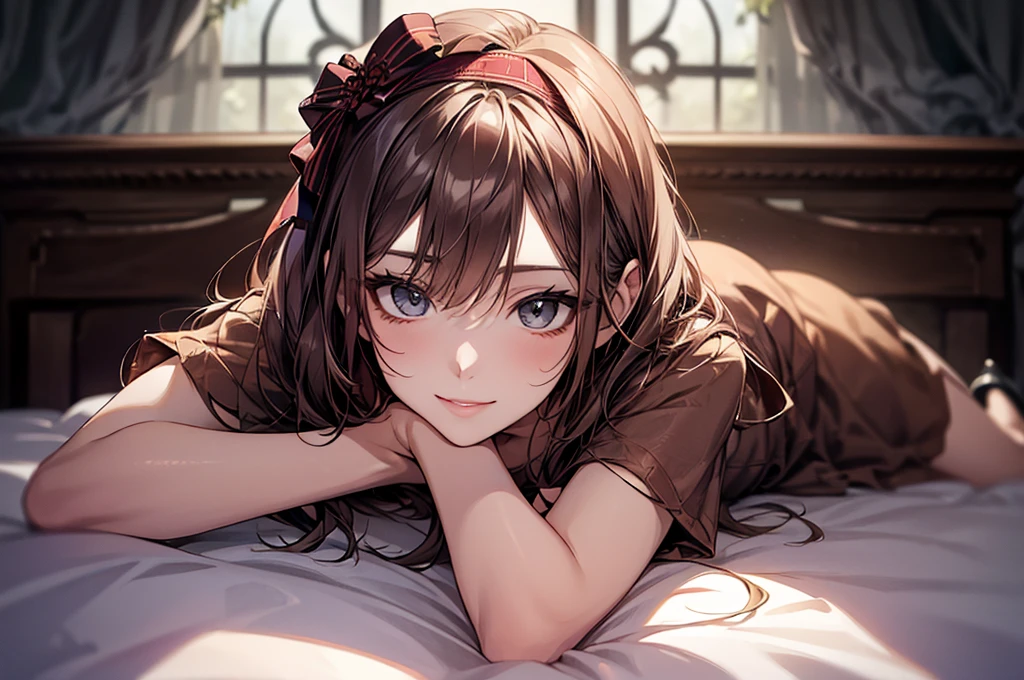 (Biologically correct limb count)、Full body, including face、4K、masterpiece、Focus on the face、Well-proportioned facial features、Delicate descriptive eyes、Beautiful woman、Excellent style、(head band、red gothic dress、High heels)、(smile)、(Close-up photo of the upper body)、look up、Photos with white borders、Looking into the camera、Lie down in bed、