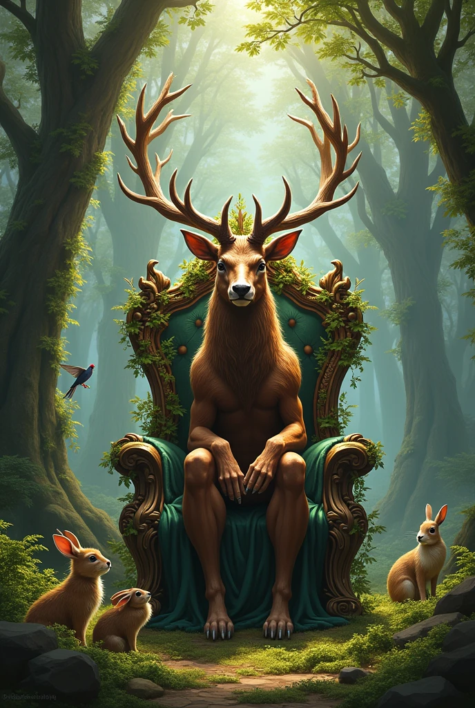 The Forest King’s Throne

"A majestic stag sitting on a grand forest throne made of branches and leaves, surrounded by forest creatures."
