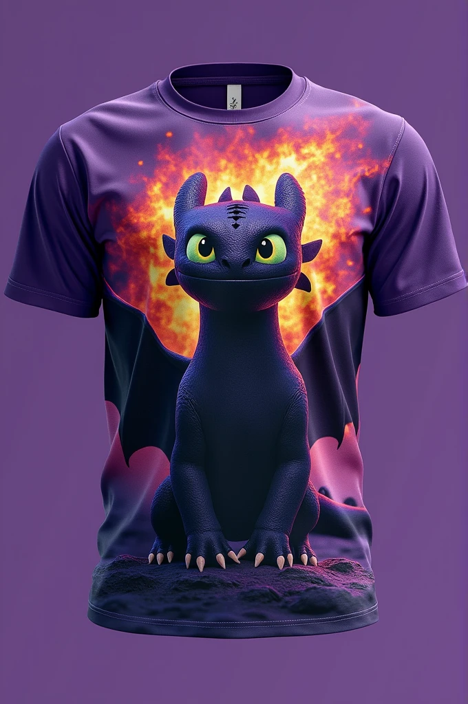Purple team shirt with a print of Toothless spitting fire