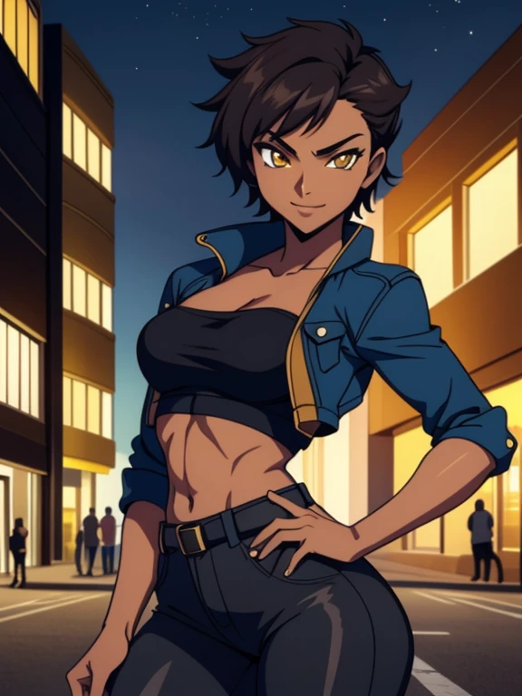  outdoors, Empty City at Night, 1girl, solo, 26 years old, tomboy, Short Black Hair, (tan-bronze skin), yellow eyes, medium breasts, cleavage, (Midriff), (Wearing: opened blue jacket, Strapless black top, Belt, Black Tight Pants), toned, hourglass figure, athletic, agile physique, snarky expression, looking at viewer, wide smile, (agile physique:1.1), upper body , ((masterpiece))