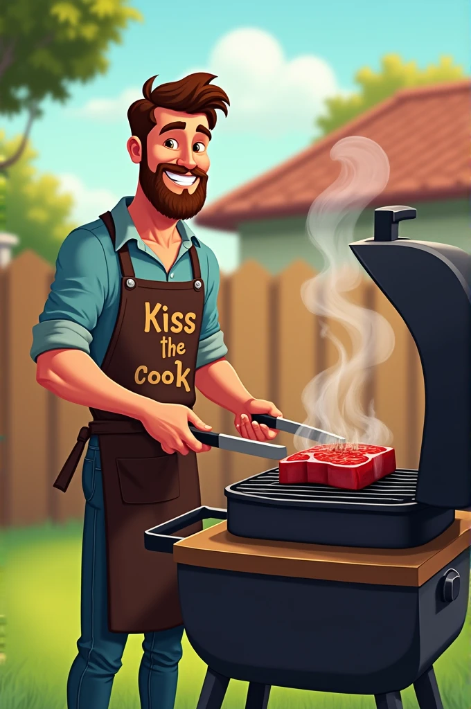{
"prompt": "A man grilling a steak in a backyard setting. The scene should have a mix of realism and a cartoonish style. The man is standing by a classic charcoal grill, wearing an apron with a fun design, perhaps a 'Kiss the Cook' slogan. The steak on the grill is sizzling, with visible grill marks and some light smoke rising. The background features a well-kept lawn, a wooden fence, and a few trees. The colors are vibrant but slightly exaggerated, with the man smiling and focused on grilling. The overall vibe is casual and enjoyable."
}