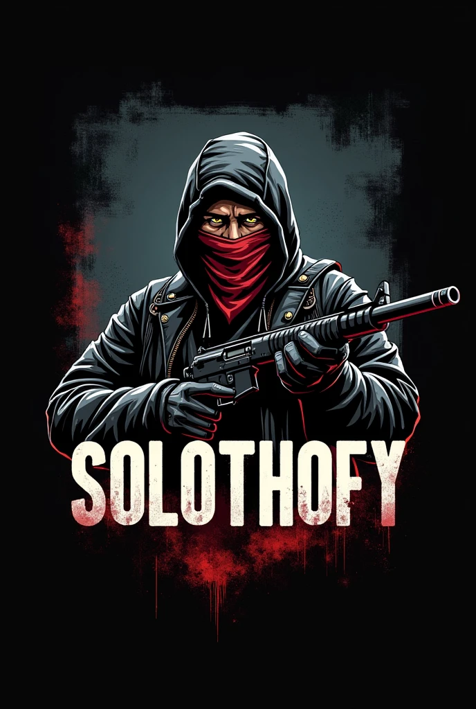 Create a logo with a gang character with his face covered in a bandana style with the name solothofy holding a rifle gun
