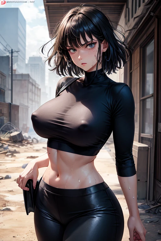 masterpiece, Highest quality, Unreal Engine, Super Resolution, Very detailed, Complex, colorful, Clear images, Sharp focus, Digital Blending,
Beautiful woman, fubuki, fubuki\(One Punch Man\), alone, Black Hair, Tight shirt, Tight Skirt, Perfect Eyes, Perfect Face, Ultra detailed hair, Ultra detailed face, Very detailed lips, Large Breasts, Vivid expression, Healthy Body, Beautifully detailed sweat glands, Smooth skin texture, Carefully drawn,
(humidity:1.5), (Attractive face:1.2), (Beautiful Skin), Oily skin, Tight waist, (Big Breasts), (Puffy nipples), (Sticky with sweat), Dynamic pose,
In the world of One Punch Man, Outdoor, wasteland, (Captivating look:1.2), View your audience, Cowboy Shot,