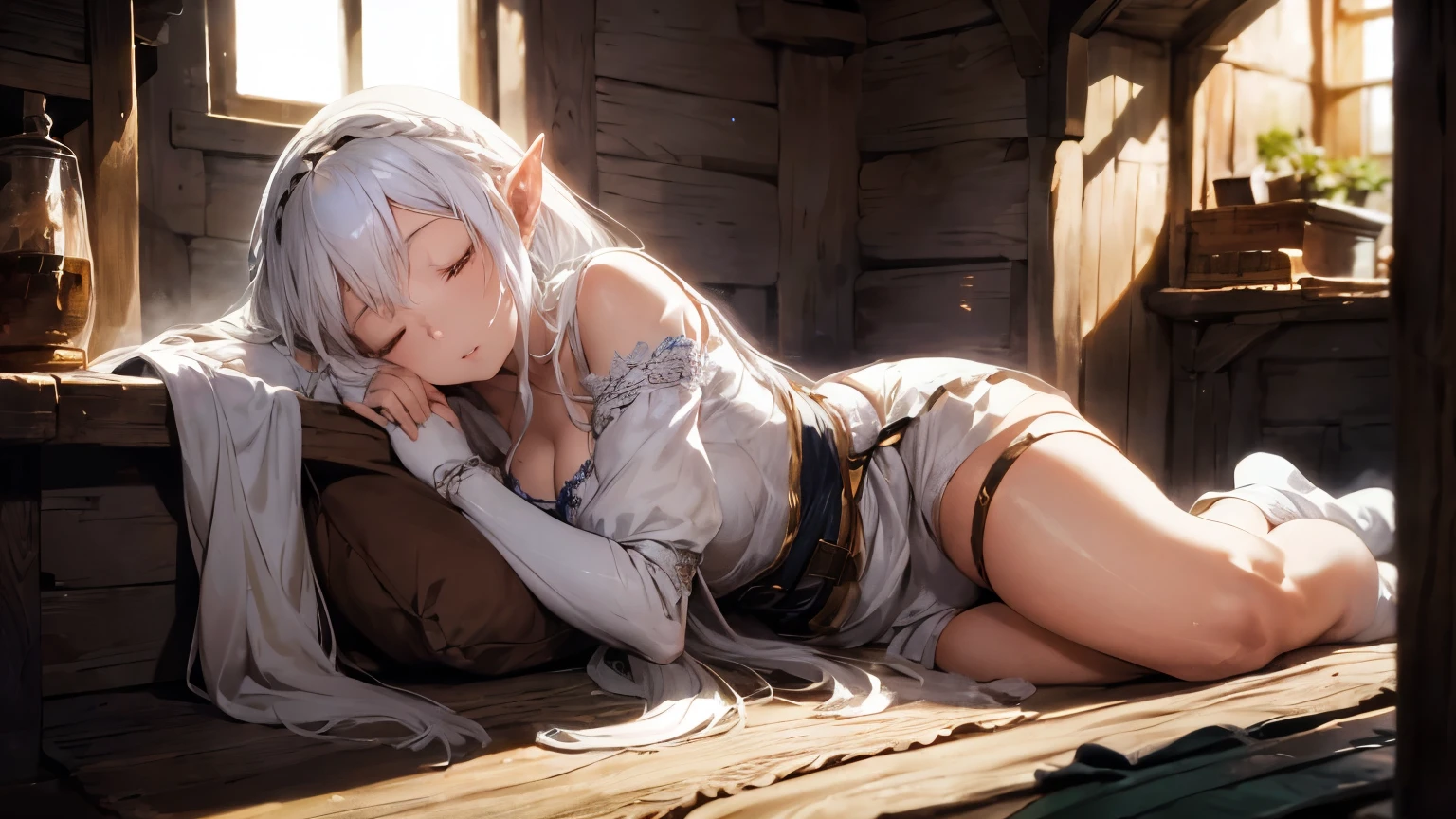 medieval inn scene room with an cute and sexy white body skin and long white hair elf girl sleeping closed eyes. She is feeling the gentle breeze as the sun shines through the medieval window.