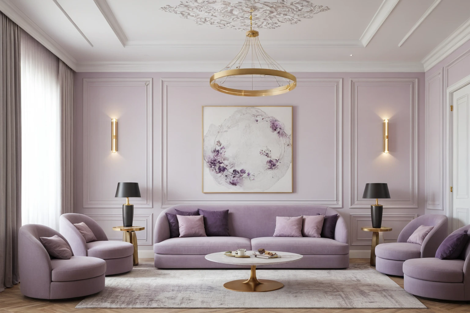 Neoclassical livingroom interior, white tone, wooden floor, gray carpet, ceiling light, light purple sofa and flower, picture, white curtain on the left, (picture:1.1), marble wall, many moldings, wall lamp,window, natural light