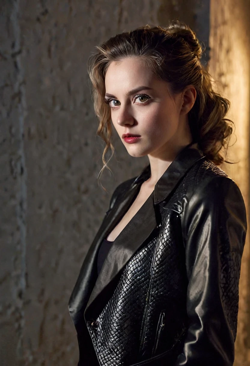 An ominous, pale, stern, young woman, with menacing eyes, and an elegant hairstyle, wearing an elegant jacket, in front of drywall, at night, (portrait photography, subsurface scattering)