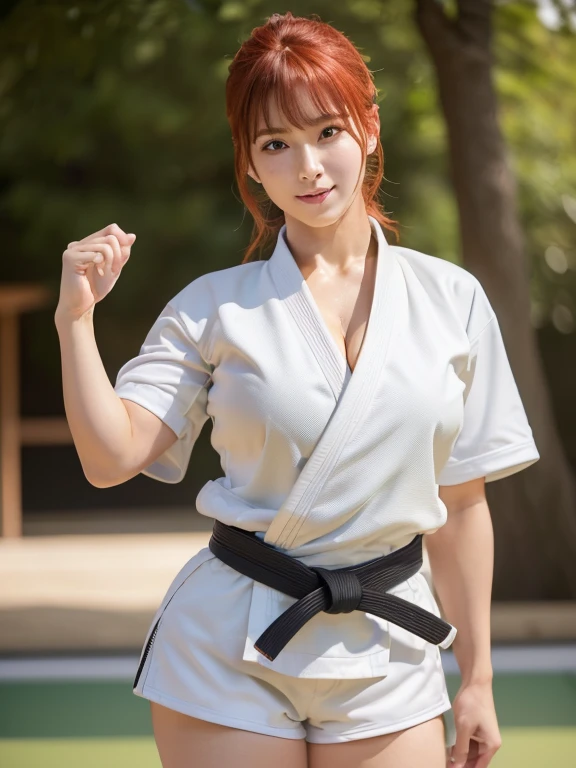 (8k, RAW Photos, A masterpiece of quality: 1.2), (Realistic, photoRealistic: 1.37), ((A little bit of cleavage 1.3)),Female Judo Athletes, ((Big Breasts 1.2)), ((Red Hair 1.6)), Mid-length hair, ((Sweaty 1.5)), ((Shiny skin 1.4)), Judoka, ((A beautiful face like a Japanese actress 1.3)),(((White short-sleeved judo uniform with black belt))) , ((White shorts)),alone, Are standing, Long Shot, (Full Body Shot: 1), ((Glamorous Body)),Slender body,View your viewers, Photo shoot pose, Firm posture, Long Shot photography, Detailed face, (smile), (Perfect Eyes) ,(Perfect hands) (Perfect Fingers), (Perfect legs),(Thighs), (Full body photography: 1).