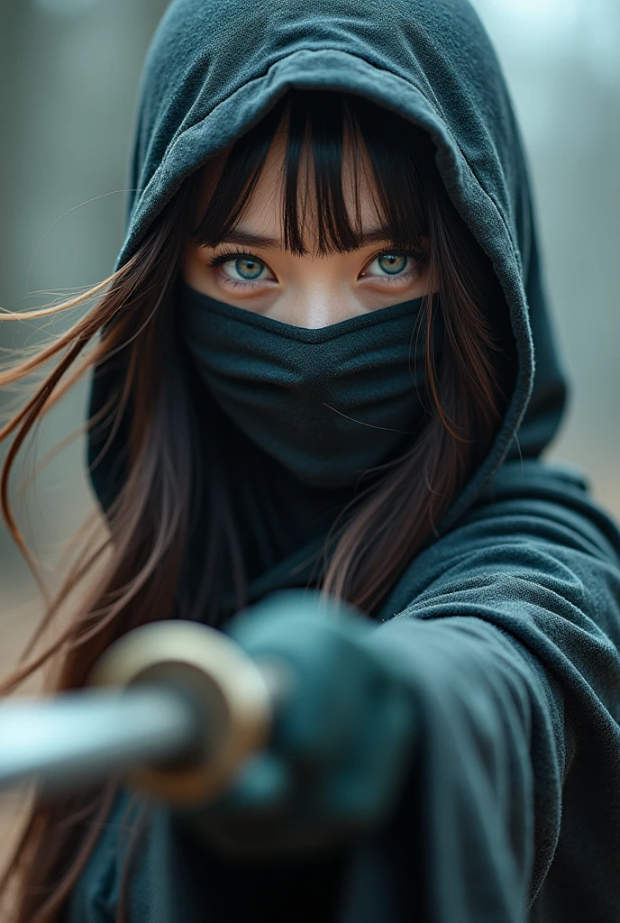 superhero, modern super hero costume, ninja, ninja costume, ninja mask on the face, With a Chinese sword, Jin sword,with a Chinese sword, Beautiful Chinese woman, 20 years old, with blue eyes, Chinese woman with bangs, courageous character, Kind, Brave, determination, on the battlefield, atmospheric perspective, Motion blur, 8k, super detailing, Best quality, uhd, high detail