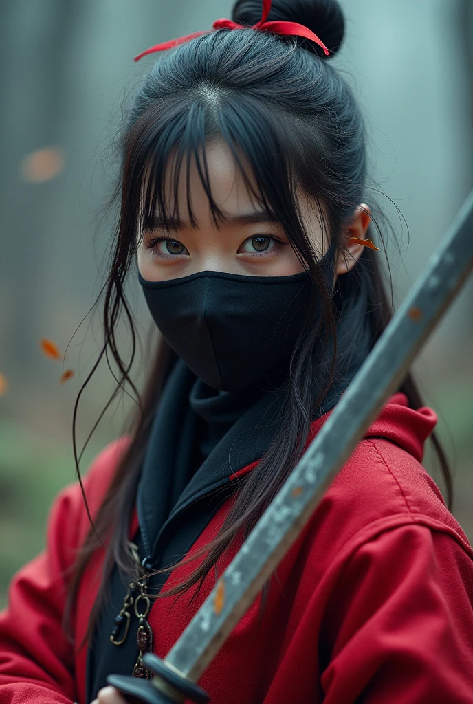 superhero, modern super hero costume, ninja, ninja costume, ninja mask on the face, With a Chinese sword, Jin sword,with a Chinese sword, Beautiful Chinese woman, 20 years old, with blue eyes, Chinese woman with bangs, courageous character, Kind, Brave, determination, on the battlefield, atmospheric perspective, Motion blur, 8k, super detailing, Best quality, uhd, high detail
