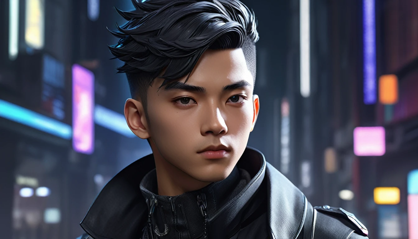 Male protagonists of anime. Mysterious and enigmatic, . Unique and original, . Unconventional and non-conformist, . Ambitious and visionary, . Refined and sophisticated;, . Impressive and majestic, . Calm and composed, . Serious and modest, . Quiet and unassuming) Hyper Detail, High resolution, Super Detail, Highest quality, wonderful, Highest quality, Highly detailed CG Unity 8k wallpaper, Cinema Lighting, cyber punk, Black Boy,  