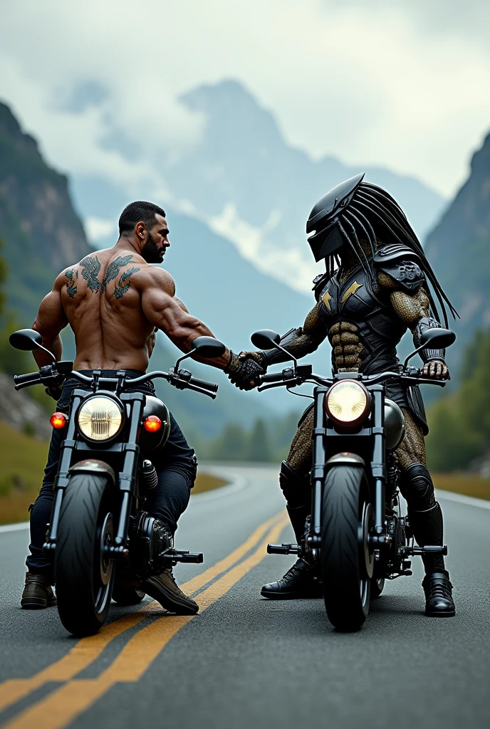 of motorcycles,A muscular Spartan and a helmeted Predator shaking hands in friendship, sitting on their motorcycles and a mountain road