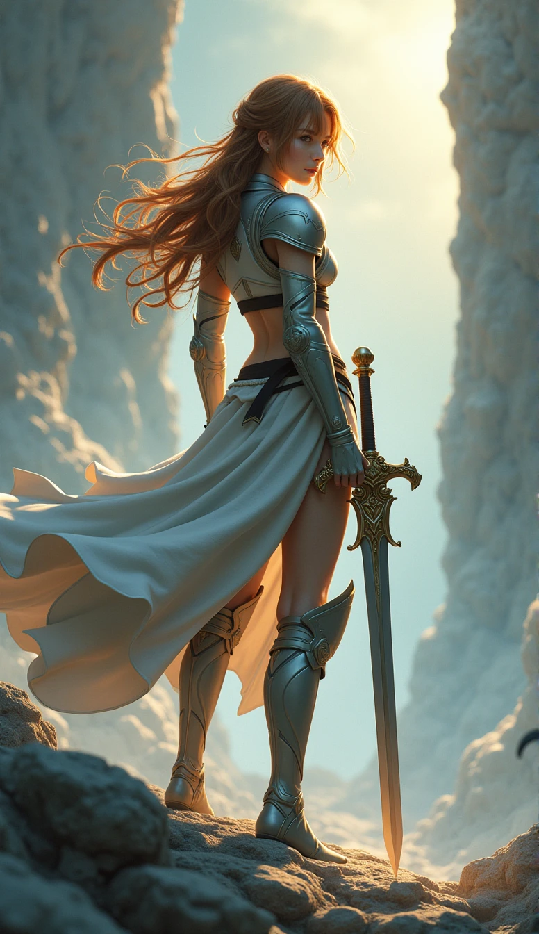 Theme of the game Final Fantasy. Image of a bronze-haired girl standing holding her favorite sword, wearing light armor in black and white, pastel colors, and dramatic tones. A masterpiece with the highest resolution , Image type surreal