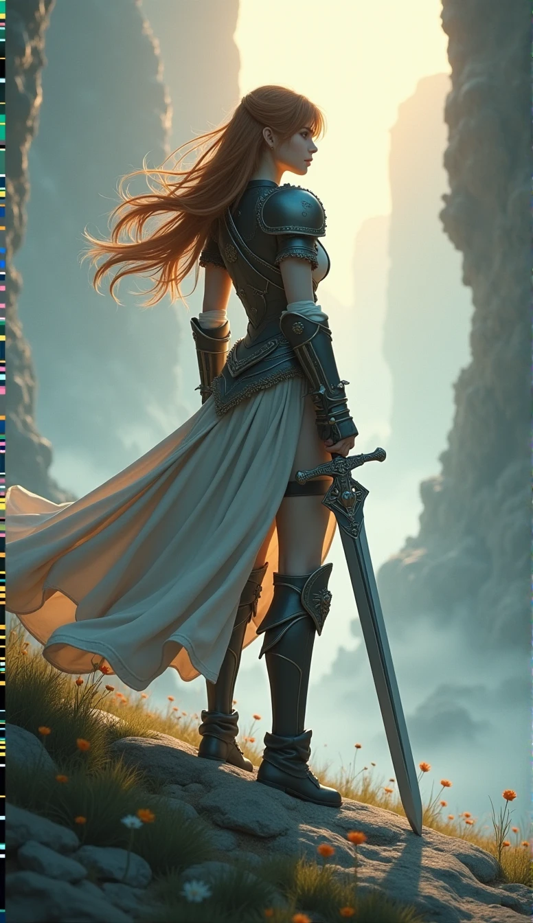 Theme of the game Final Fantasy. Image of a bronze-haired girl standing holding her favorite sword, wearing light armor in black and white, pastel colors, and dramatic tones. A masterpiece with the highest resolution , Image type surreal