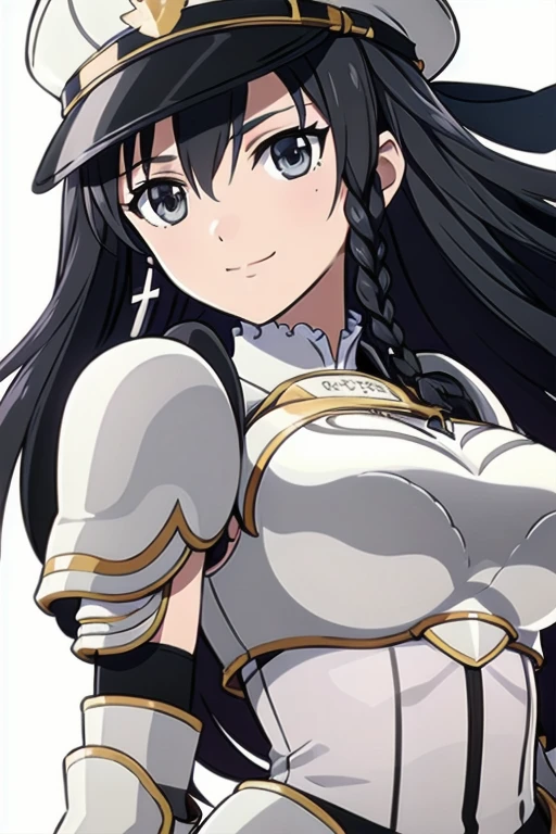 Sonia Blanche, cross earrings, hair ornament, veil, armored dress, pauldrons, breastplate, (white peaked cap), 1girl, solo, upper body, big breasts, facing viewer, looking at viewer, (light smile), (simple white background), close-up